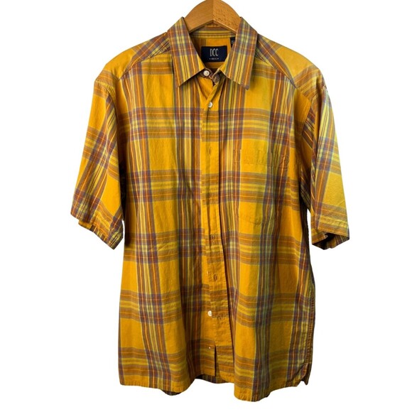 DCC Yellow Plaid Short Sleeve Button Front Cotton Shirt Mens Size Medium - Picture 1 of 10